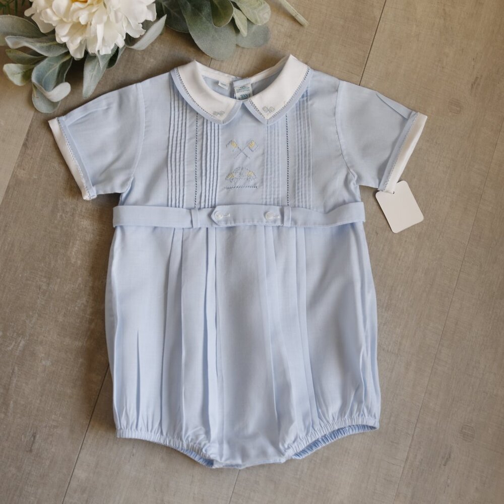 Feltman Brothers Boy's Heirloom Blue Romper Creeper RARE DESIGN Race Car NWT